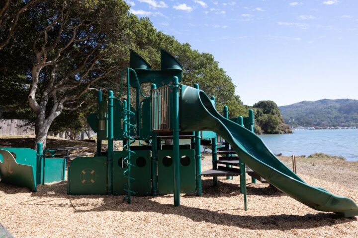 A green playground structure with slides and climbing features stands near a body of water, surrounded by trees and wood chip ground cover.