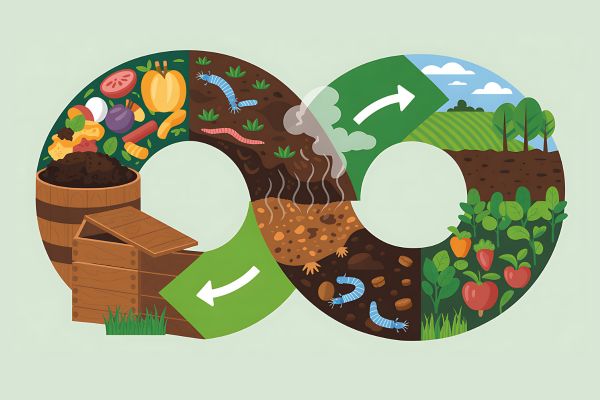 Illustration of the composting process showing food scraps turning into compost, which enriches soil and helps new plants grow in a continuous cycle.