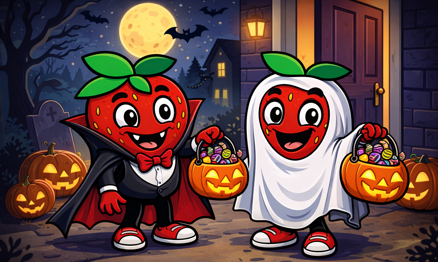 Two cartoon strawberries dressed as a vampire and a ghost hold pumpkin buckets filled with candy while trick-or-treating on Halloween night.