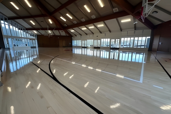 Empty indoor basketball court with a polished wooden floor, marked lines, high ceiling, and large windows letting in natural light.