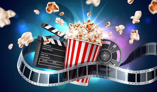 A striped popcorn bucket, film reel, clapperboard, and flying popcorn pieces are shown with a filmstrip and colorful lights in the background.