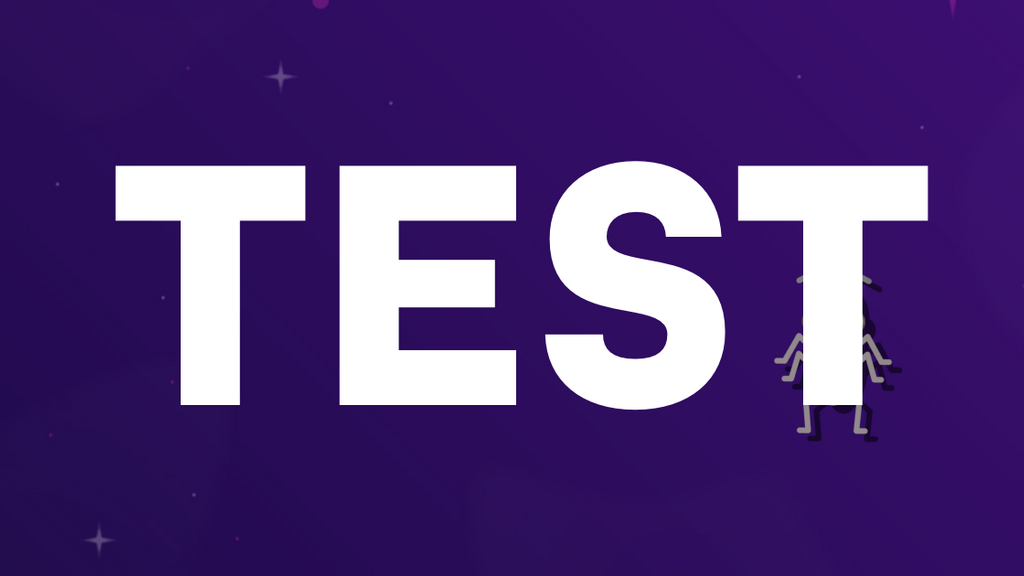 Large white word "TEST" on a purple background with a small cartoon character partially obscured by the text.