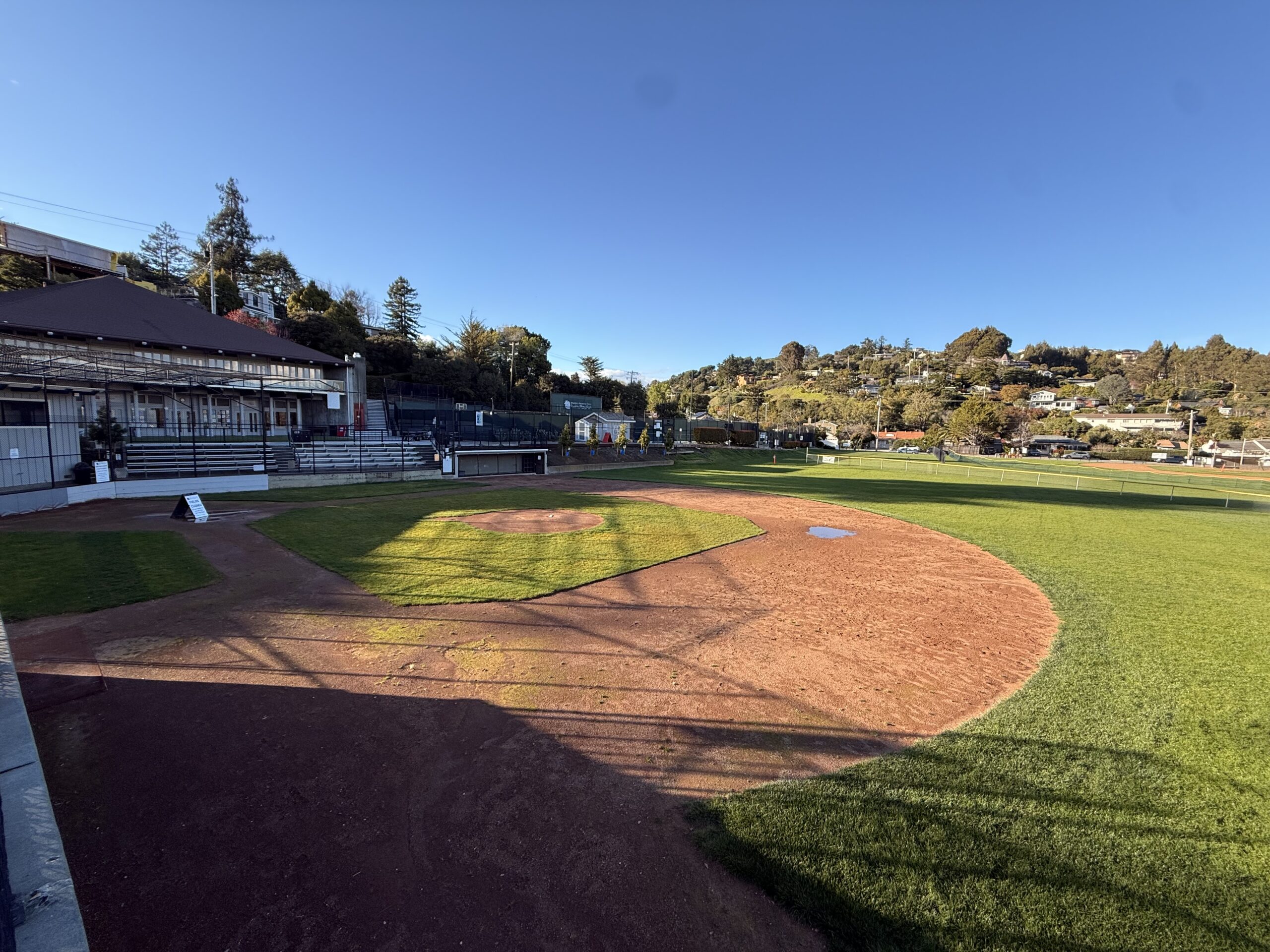 A baseball diamond with surrounding green grass, empty bleachers to the left, and houses visible in the background under a clear blue sky.