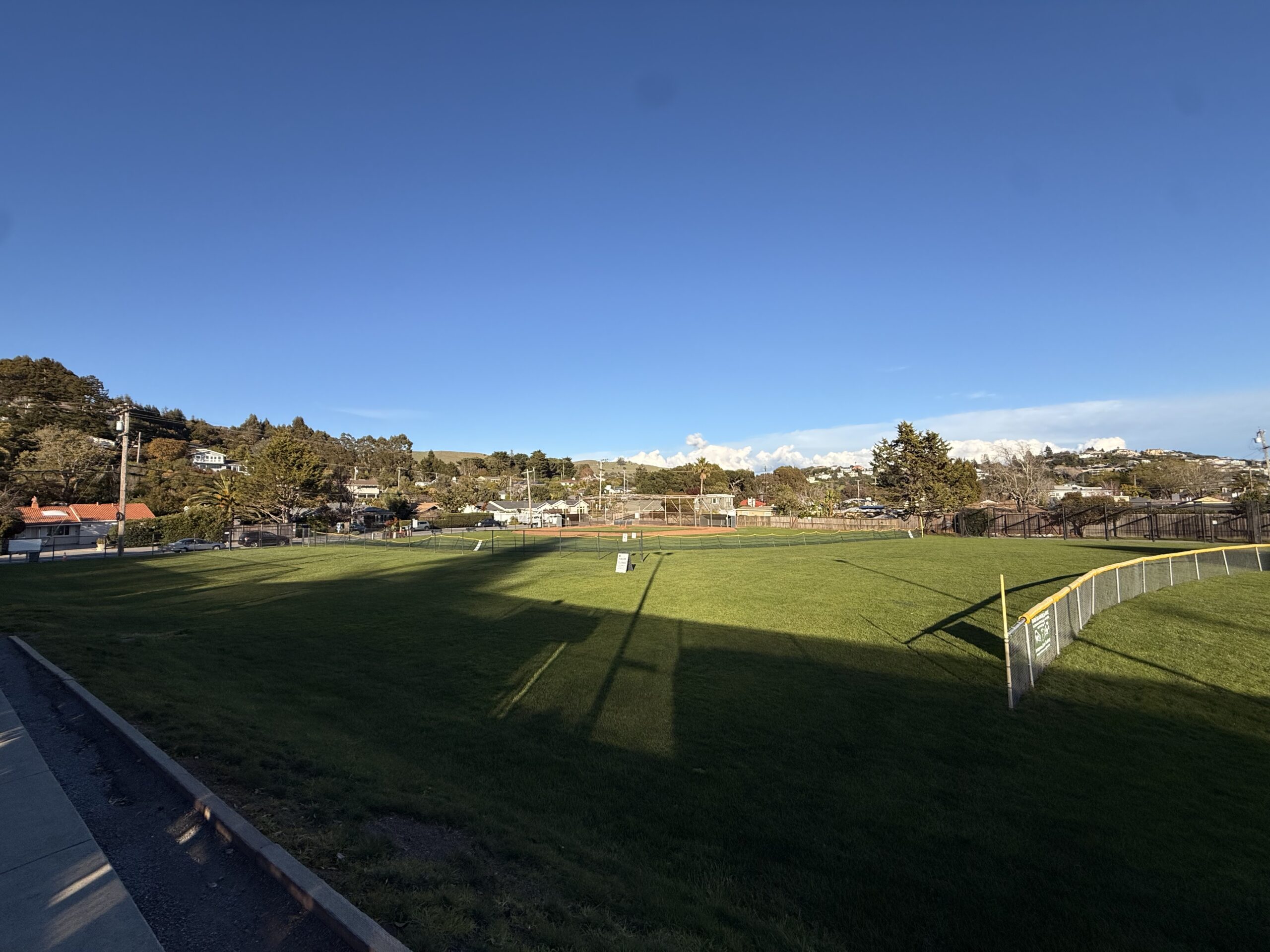 A wide view of a grassy baseball field with a chain-link fence, surrounded by houses and trees under a clear blue sky.
