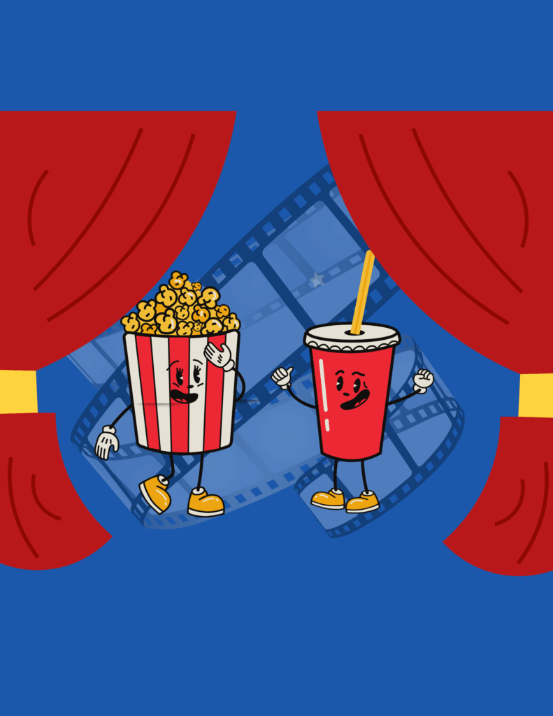 Cartoon popcorn and soda with faces and arms stand on a stage with red curtains and a film strip background, appearing cheerful.