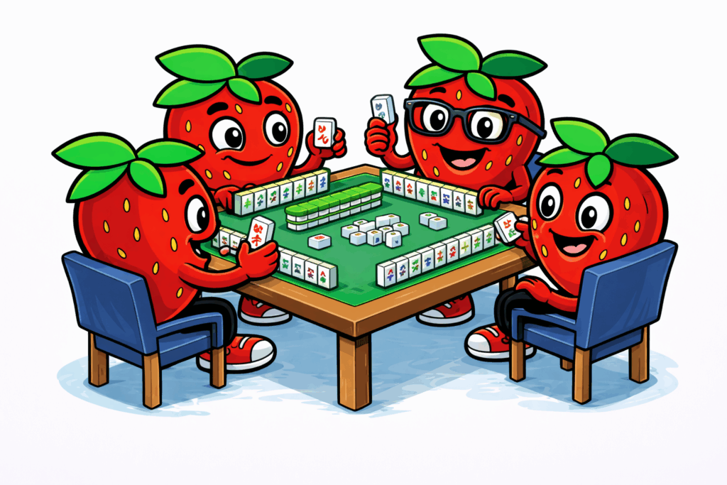 Four cartoon strawberries with faces and legs are sitting around a table playing mahjong, each holding game tiles and appearing engaged in the game.
