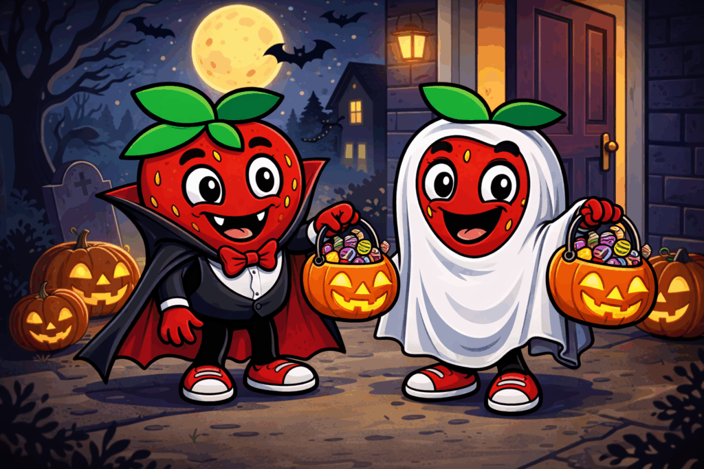Two cartoon strawberries in Halloween costumes, one as a vampire and the other as a ghost, hold pumpkin buckets filled with candy on a moonlit night with jack-o’-lanterns and bats.