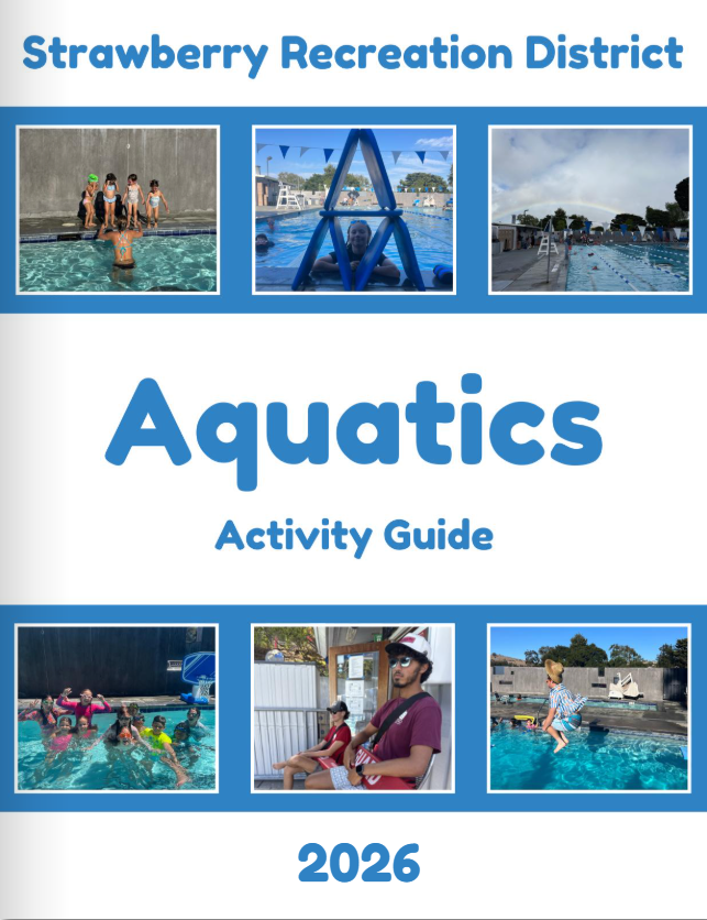Aquatics activity guide cover page featuring many images of children and adults enjoying the pool