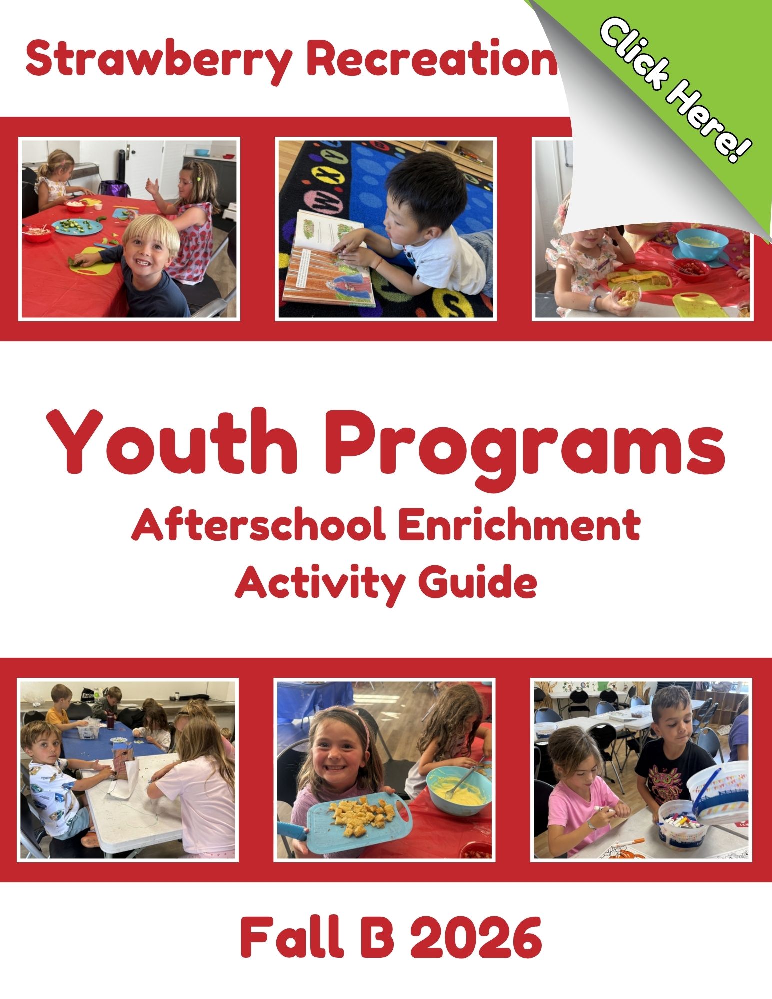 Front cover of youth programs afterschool enrichment activity guide featuring many images of children enjoying multiple activities