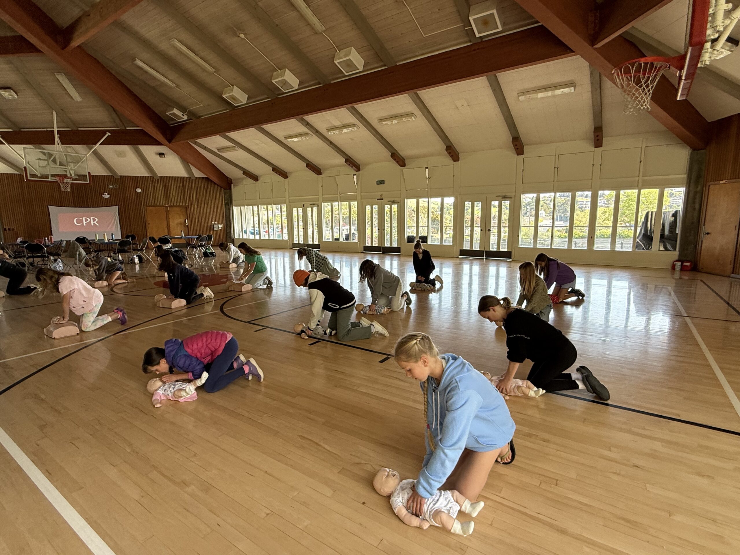 A group of people practice infant CPR techniques on mannequins in a gymnasium, each kneeling on the floor and following instructions.