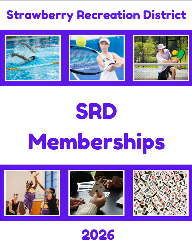 Strawberry Recreation District SRD Memberships 2026 brochure cover with images of swimming, tennis, basketball, cards, and board games.