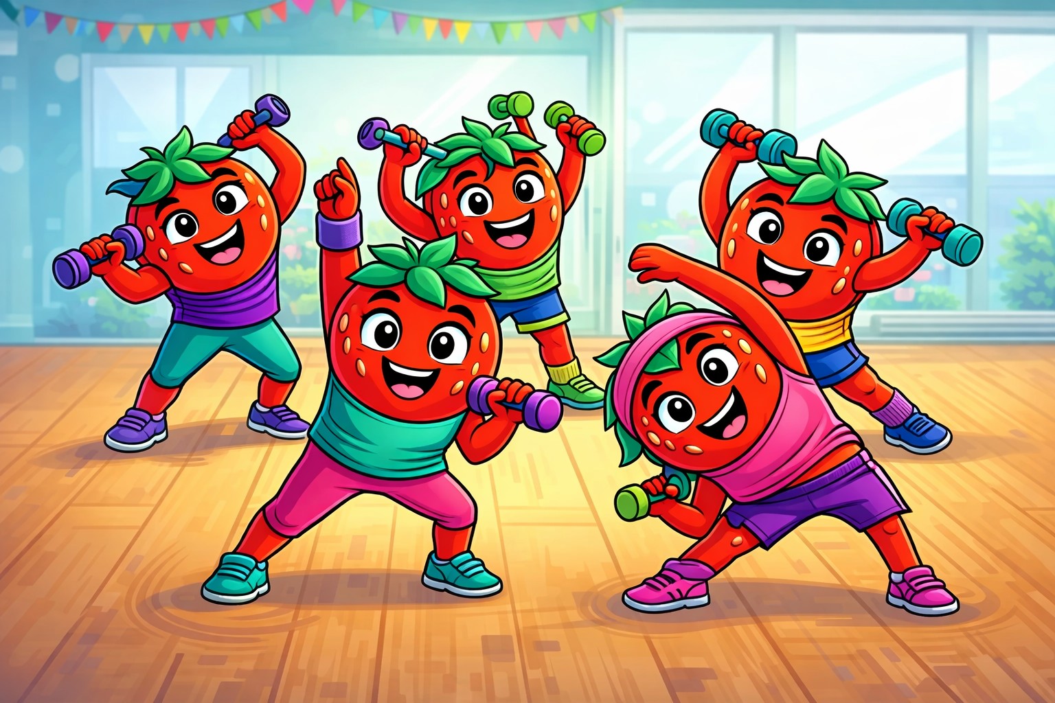 Five cartoon strawberries in workout clothes exercise with dumbbells in a bright gym, colorful bunting hanging above, wooden floor, and large windows in the background.
