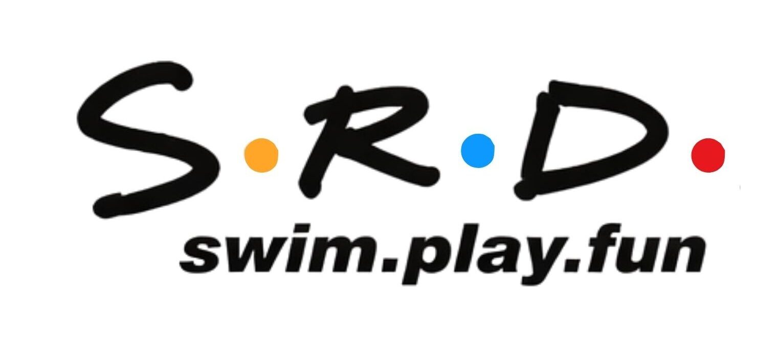 The image displays the text "S.R.D." with colored dots between the letters and "swim.play.fun" written below in bold, black letters on a white background.