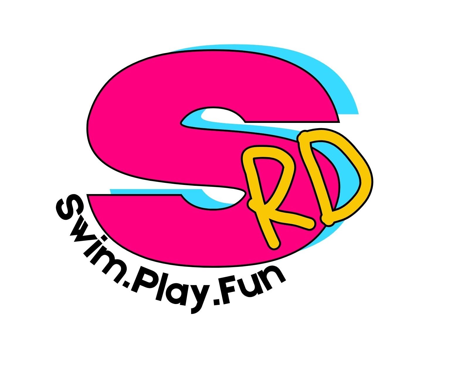 Logo with a large pink letter "S" outlined in blue, yellow "RD" letters overlapping, and the text "Swim.Play.Fun" curved below.