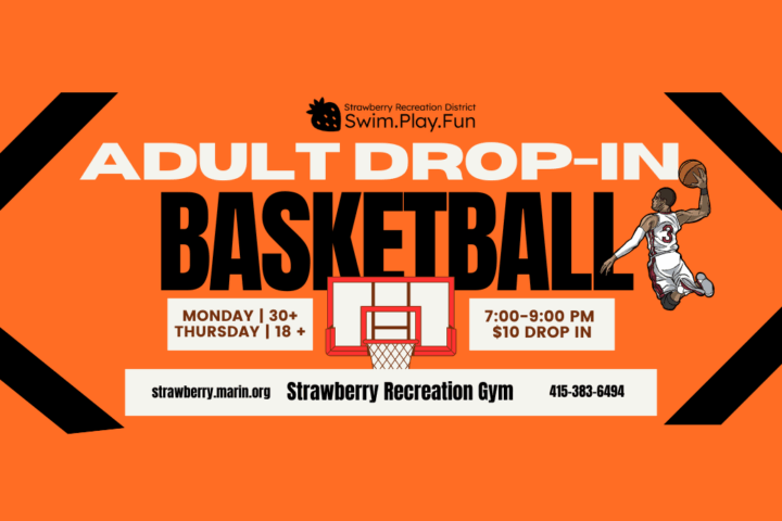 Orange flyer for adult drop-in basketball at Strawberry Recreation Gym, with details for Monday and Thursday sessions, $10 drop-in fee, and contact information.