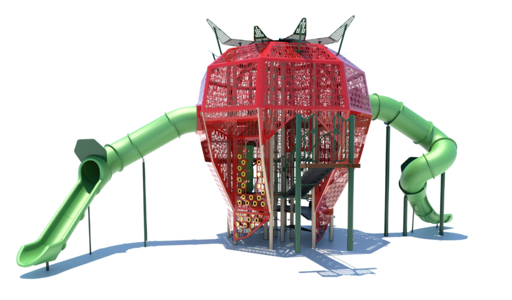 Large strawberry-shaped playground structure with green slides on either side, ladders, a climbing wall, and open spaces for climbing. Structure is isolated on a white background.